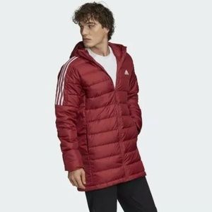 NWT men’s medium Adidas Essential Down Parka Jacket legacy Red 3 Stripe GH4606